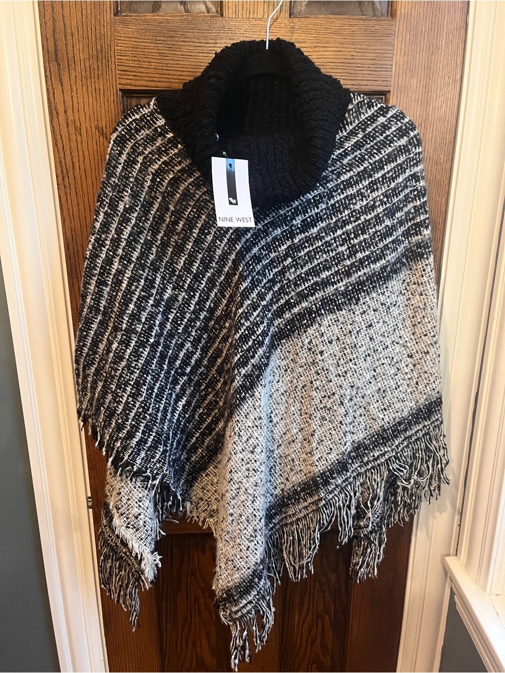 Nine West Black and White Knit Fringe Poncho with Cowl Neck